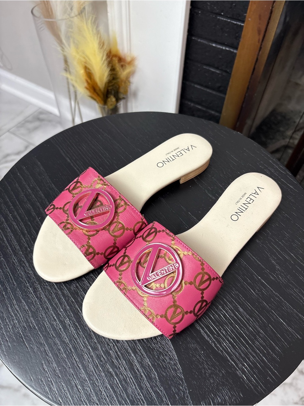 Valentino Pink Logo Slide Mules with Cream Insole